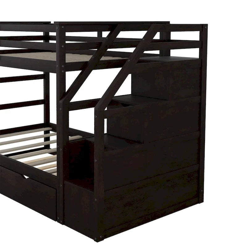 Letto a Castello Gemello con Letto Estraibile e 3 Gradini Contenitore, Espresso