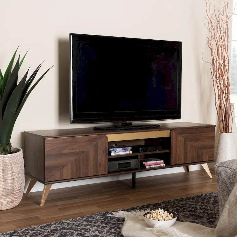 Mobile TV a 2 ante in legno con finitura noce stile Mid-Century Modern Transizionale