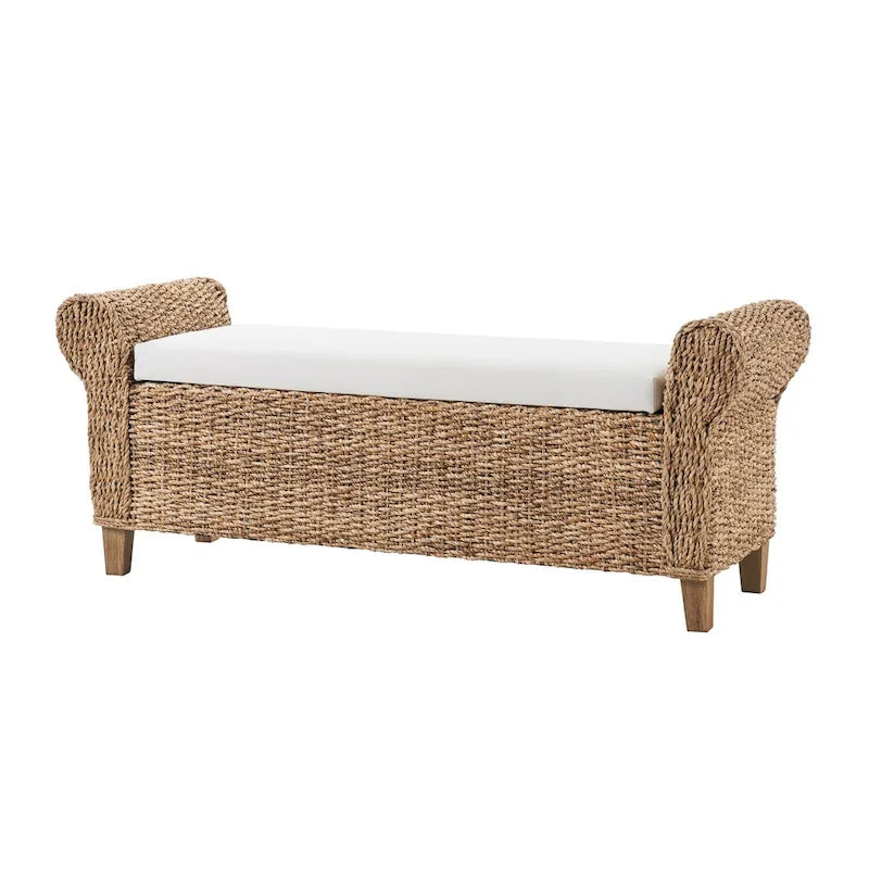 Panca contenitore Boho Farmhouse in rattan con intagli a traforo