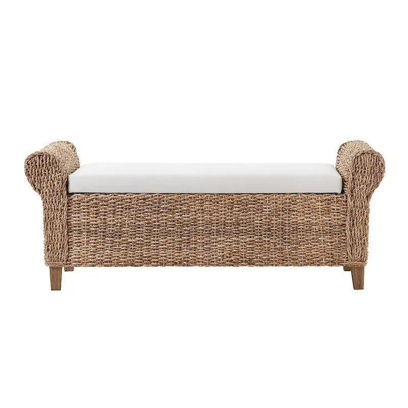 Panca contenitore Boho Farmhouse in rattan con intagli a traforo