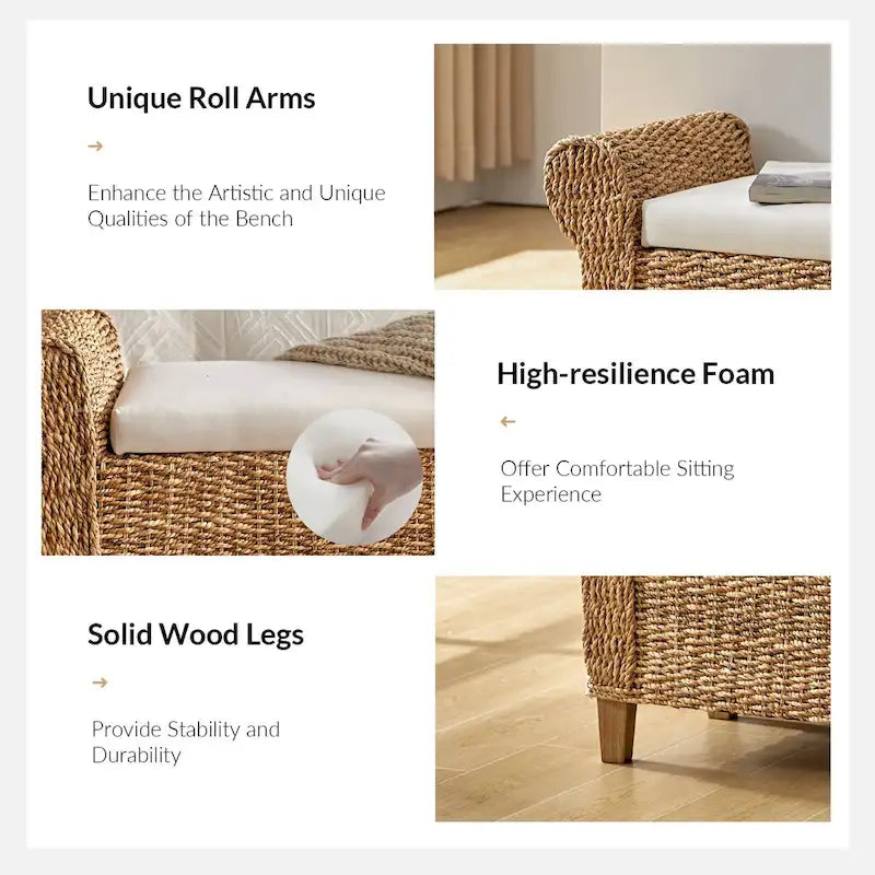 Panca contenitore Boho Farmhouse in rattan con intagli a traforo