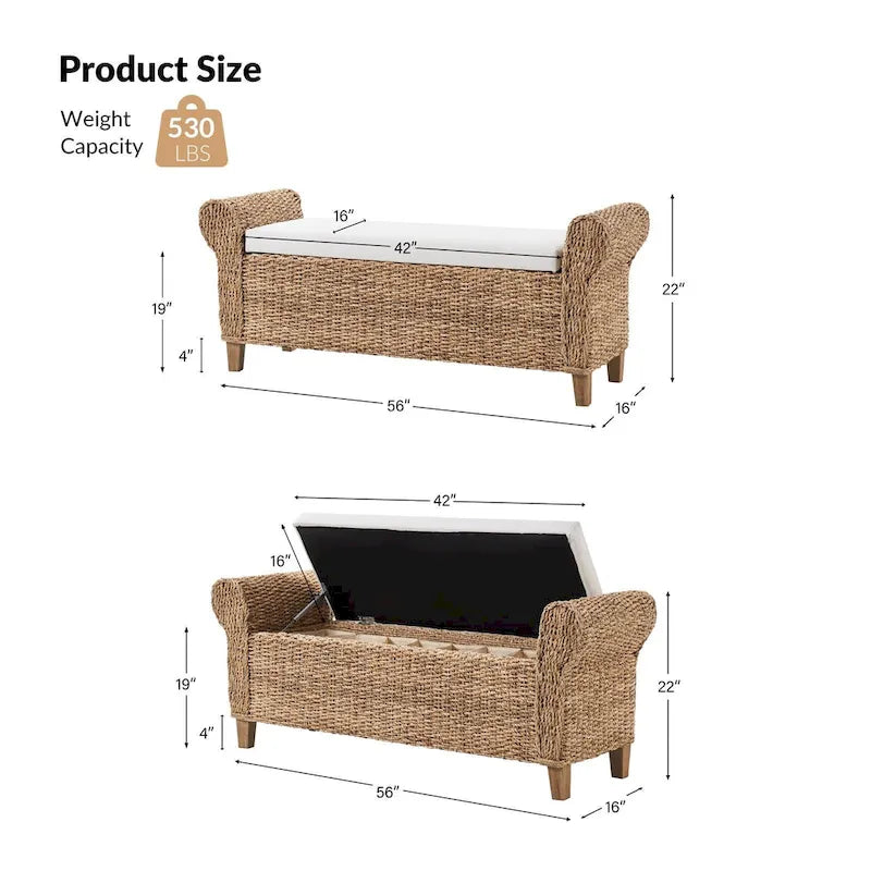 Panca contenitore Boho Farmhouse in rattan con intagli a traforo