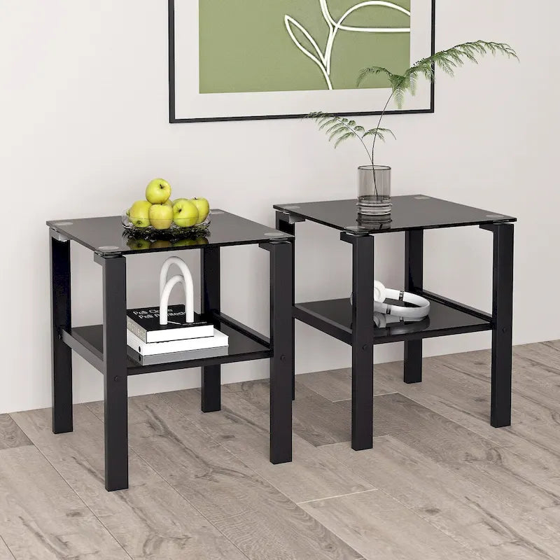 Set di 2, tavolino da tè in vetro a due strati, tavolino rotondo piccolo, tavolino da angolo per camera da letto, tavolino laterale da soggiorno, nero