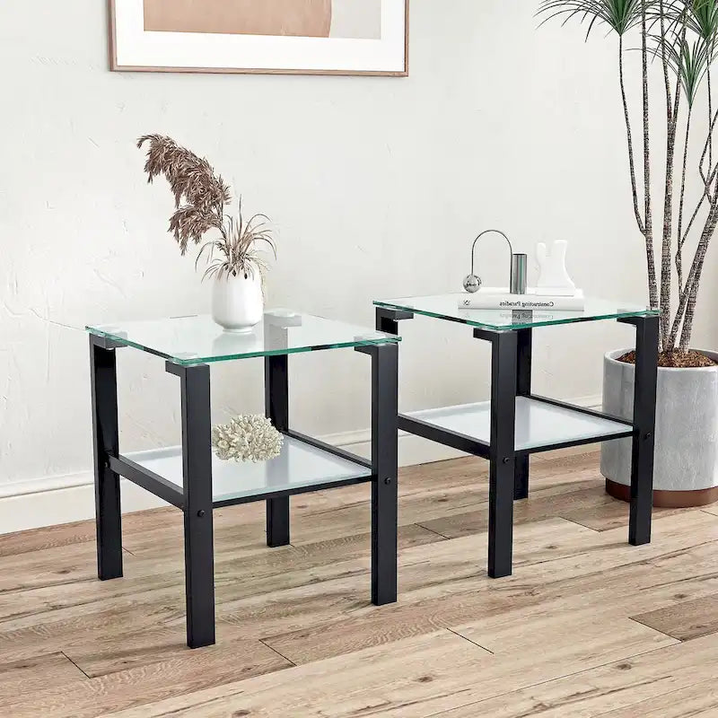 Set di 2, tavolino da tè in vetro a due strati, tavolino rotondo piccolo, tavolino da angolo per camera da letto, tavolino laterale da soggiorno, nero