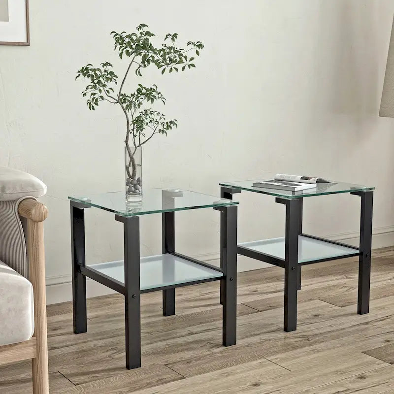 Set di 2, tavolino da tè in vetro a due strati, tavolino rotondo piccolo, tavolino da angolo per camera da letto, tavolino laterale da soggiorno, nero