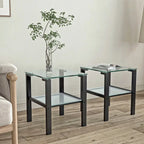 Set di 2, tavolino da tè in vetro a due strati, tavolino rotondo piccolo, tavolino da angolo per camera da letto, tavolino laterale da soggiorno, nero