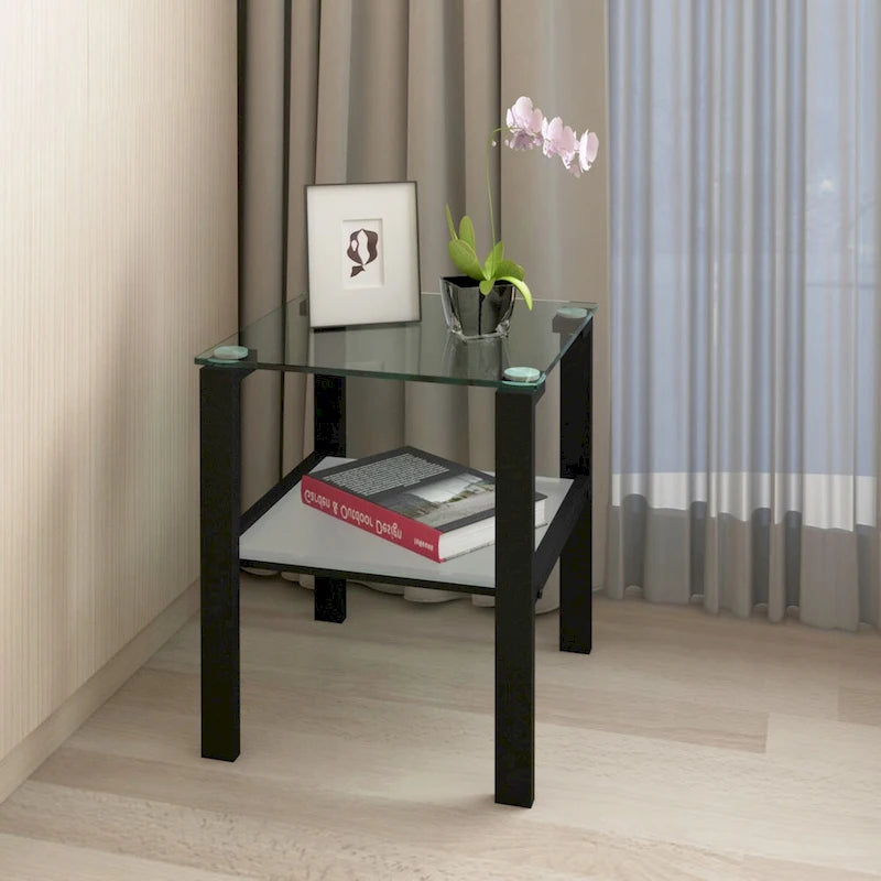 Set di 2, tavolino da tè in vetro a due strati, tavolino rotondo piccolo, tavolino da angolo per camera da letto, tavolino laterale da soggiorno, nero