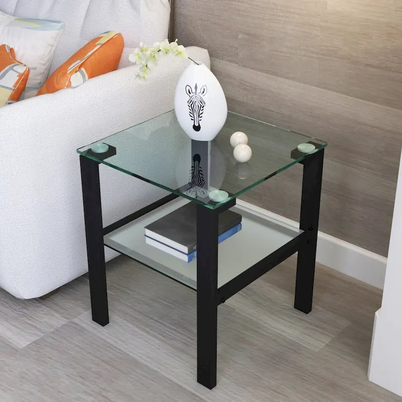 Set di 2, tavolino da tè in vetro a due strati, tavolino rotondo piccolo, tavolino da angolo per camera da letto, tavolino laterale da soggiorno, nero