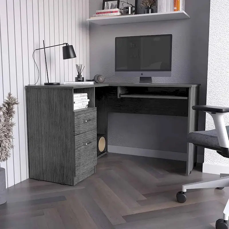 Scrivania a L, Ripiano per tastiera, Finitura Rovere Fumè, Alta qualità e durevole
