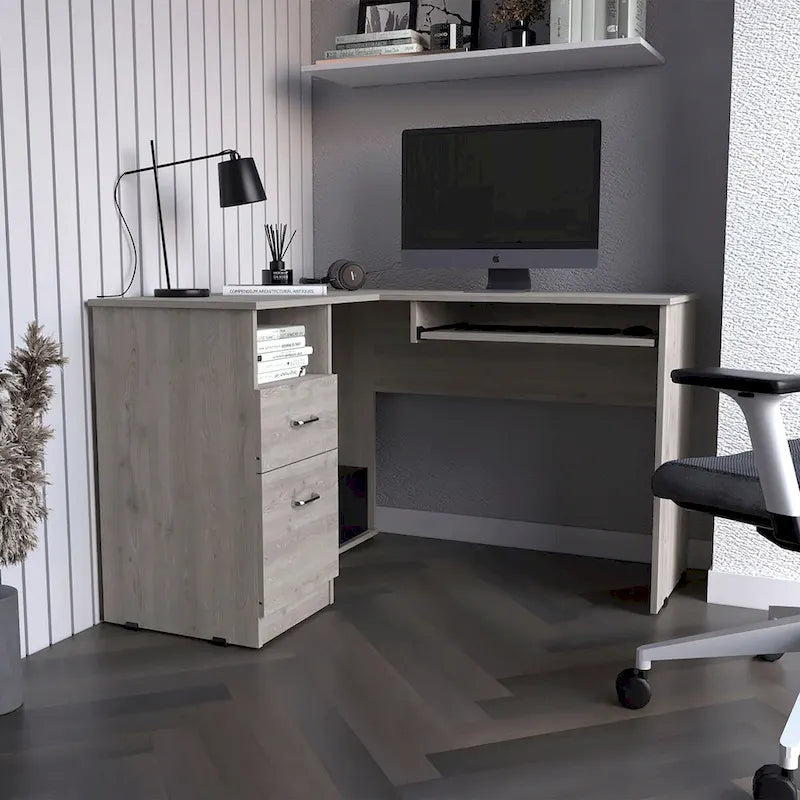 Scrivania a L, Ripiano per tastiera, Finitura Rovere Fumè, Alta qualità e durevole