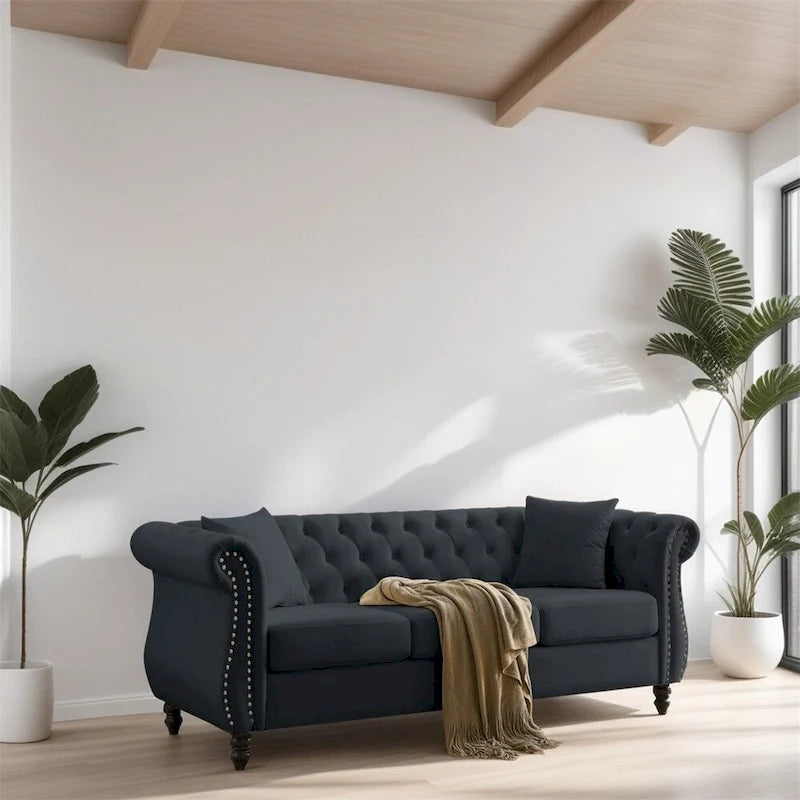 Divano a 3 posti in velluto con braccioli arrotolati e due cuscini - 80