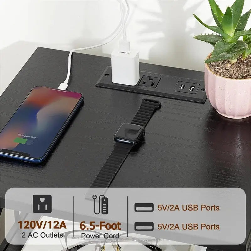 Comodino nero con stazione di ricarica - 15,7P x 13,8L x 23,8A