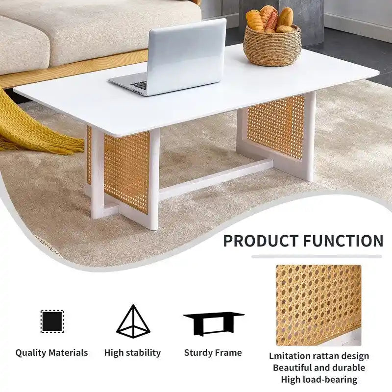 Tavolino in legno massello bianco in stile cinese e finto rattan
