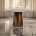  54 Inch Dining Table, Round Walnut Veneer, Slatted Pedestal Base
