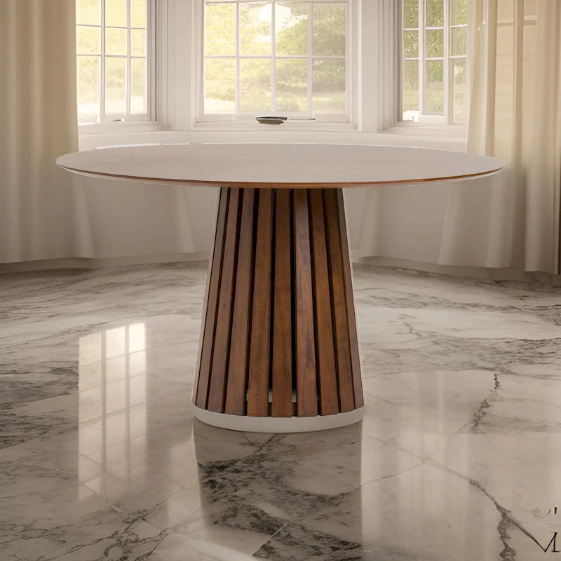  54 Inch Dining Table, Round Walnut Veneer, Slatted Pedestal Base